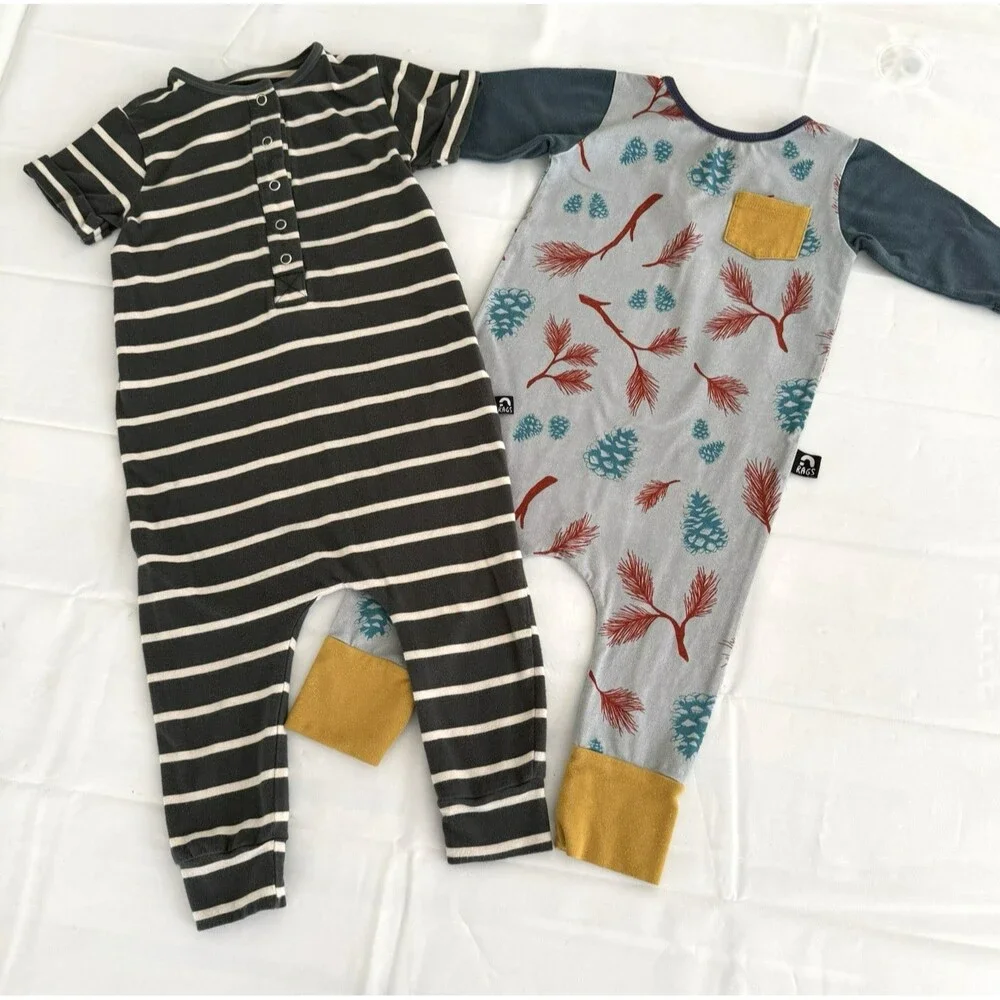 Lot of Two Rags to Raches Rompers 18-24M Pine Cone & Striped Olive Soft Stretch